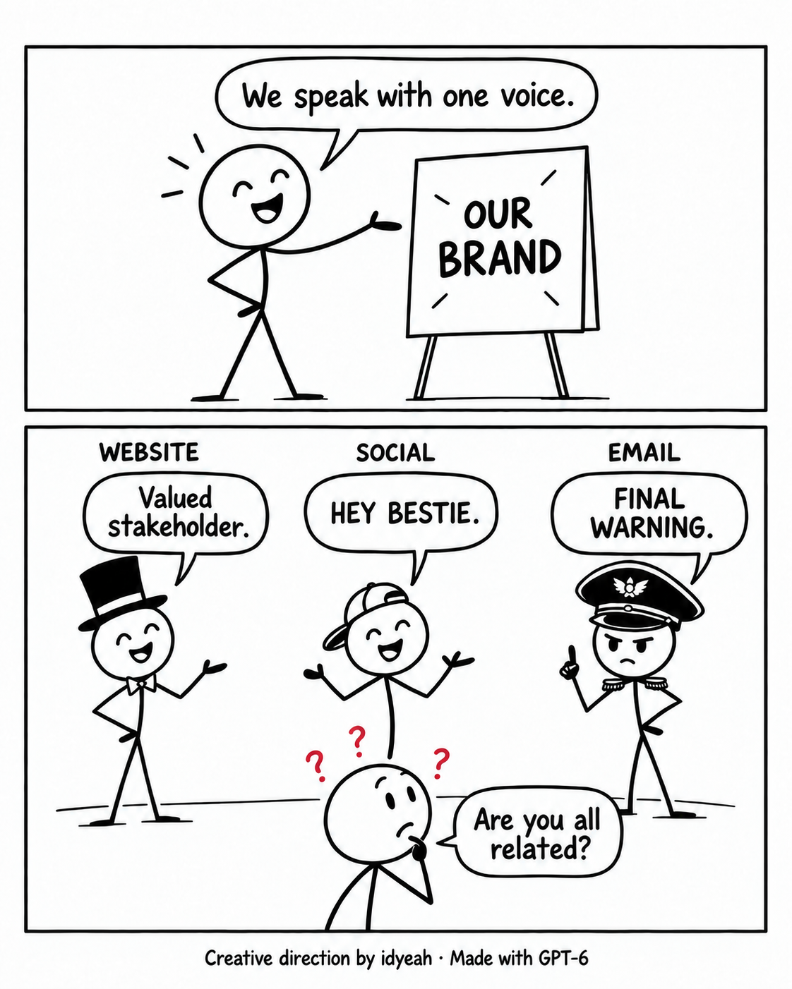 Two panels. A beaming founder points at an easel sign reading ‘OUR BRAND’ and says, ‘We speak with one voice.’ In the next panel three figures stand side by side, labelled ‘WEBSITE,’ ‘SOCIAL’ and ‘EMAIL.’ The website figure, in a top hat and bow tie, says, ‘Valued stakeholder.’ The social figure, in a backwards cap, says, ‘HEY BESTIE.’ The email figure, in an officer’s cap, wags a finger and says, ‘FINAL WARNING.’ In front of them a puzzled customer, chin in hand, asks, ‘Are you all related?’ Three question marks above the customer are red. Credit: Creative direction by idyeah · Made with GPT-6.