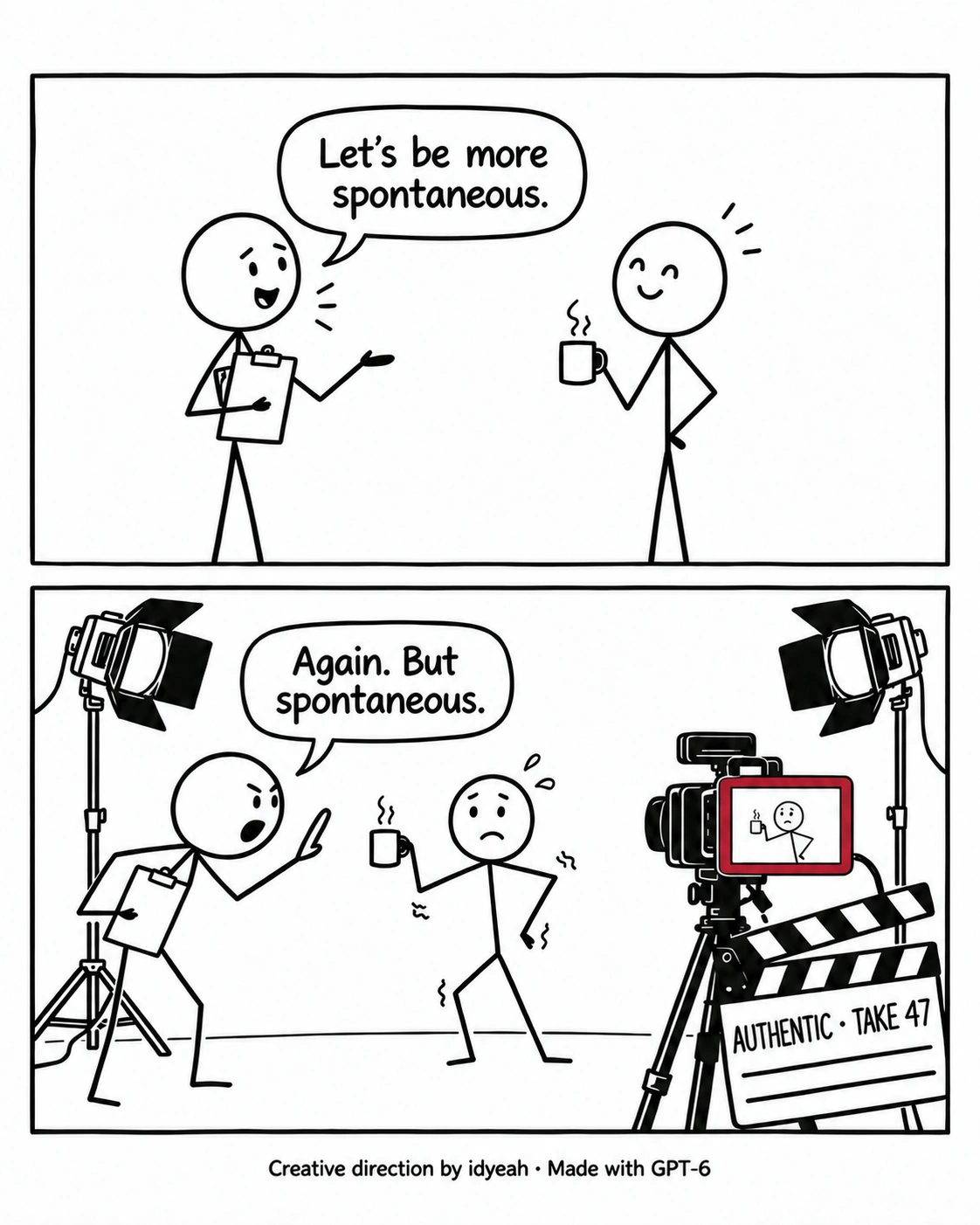 Panel 1: A person holding a clipboard says, “Let’s be more spontaneous.” Another person smiles while holding a mug. Panel 2: Surrounded by studio lights and a camera, the clipboard holder directs, “Again. But spontaneous.” The person holding the mug looks nervous. A clapperboard reads “AUTHENTIC · TAKE 47”.