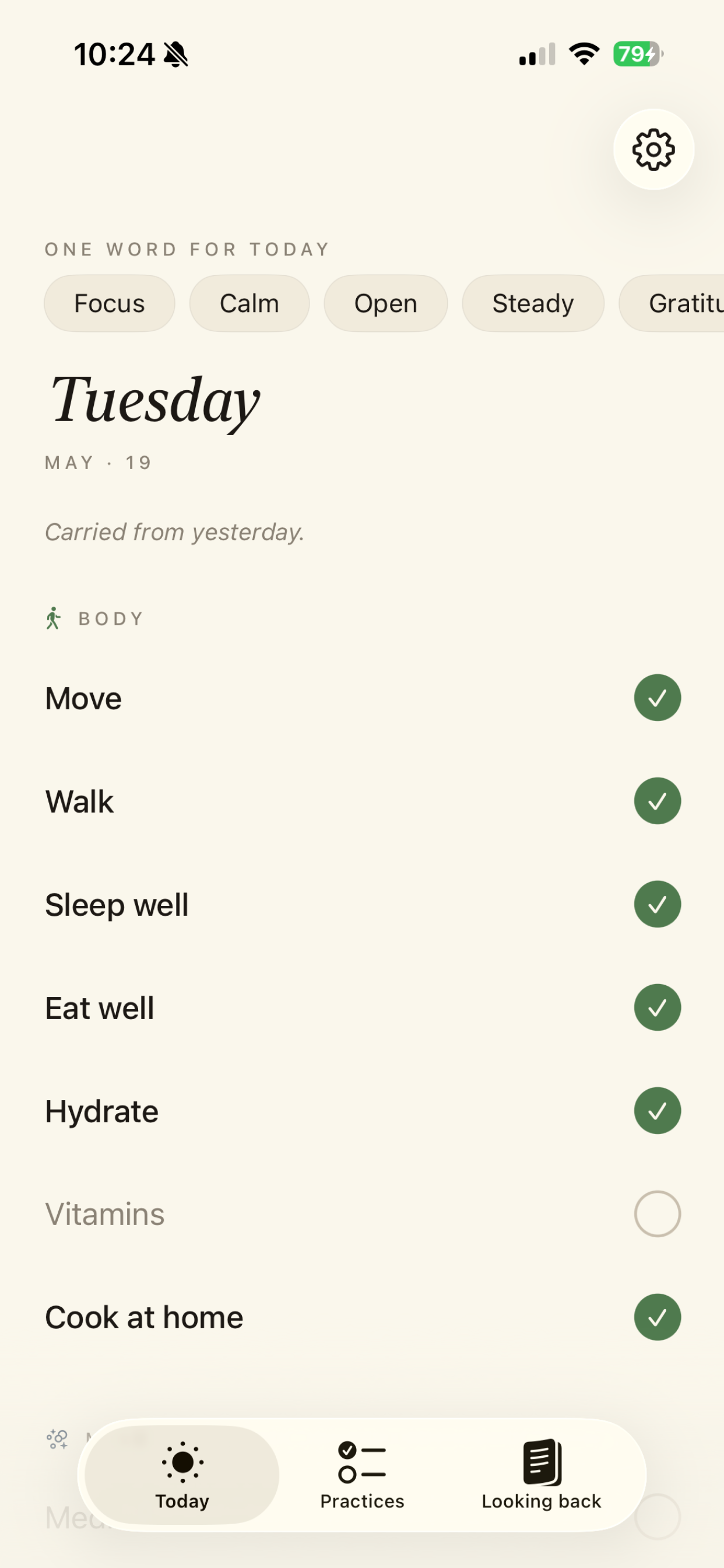 Wabi daily practice screen